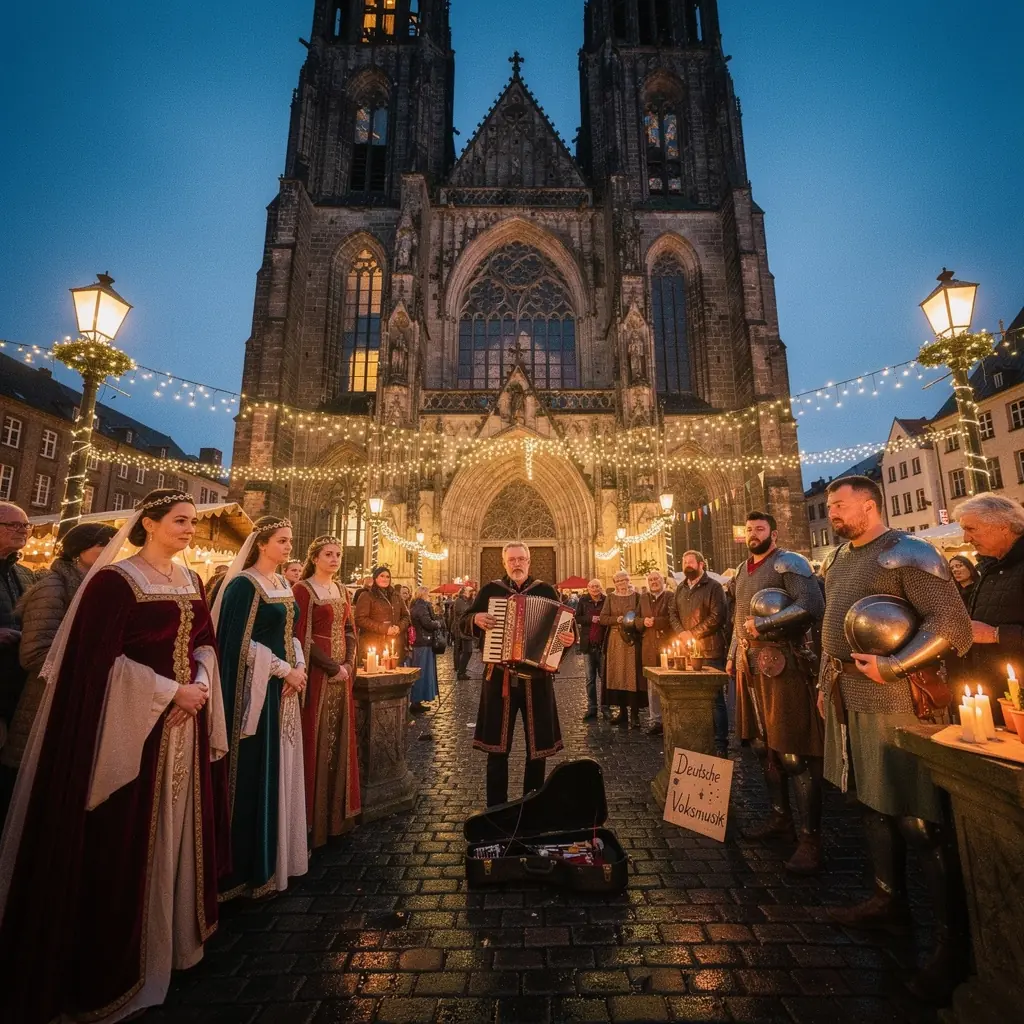 Die Aachener Altstadt bei Nacht, erleuchtet von festlichen Lichtern und umgeben von lebhaften Cafés.